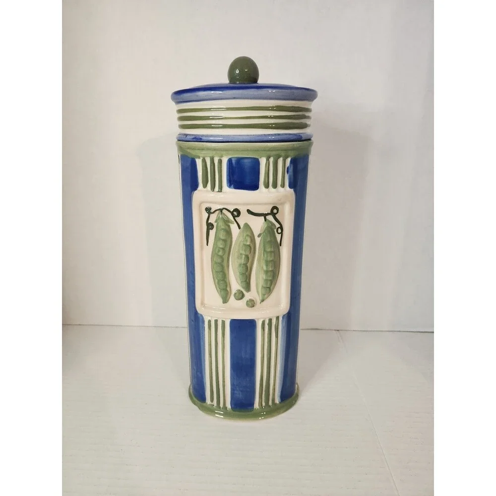 Vintage Ceramic Pasta Keeper Canister Container Pea Pods Embossed Spaghetti